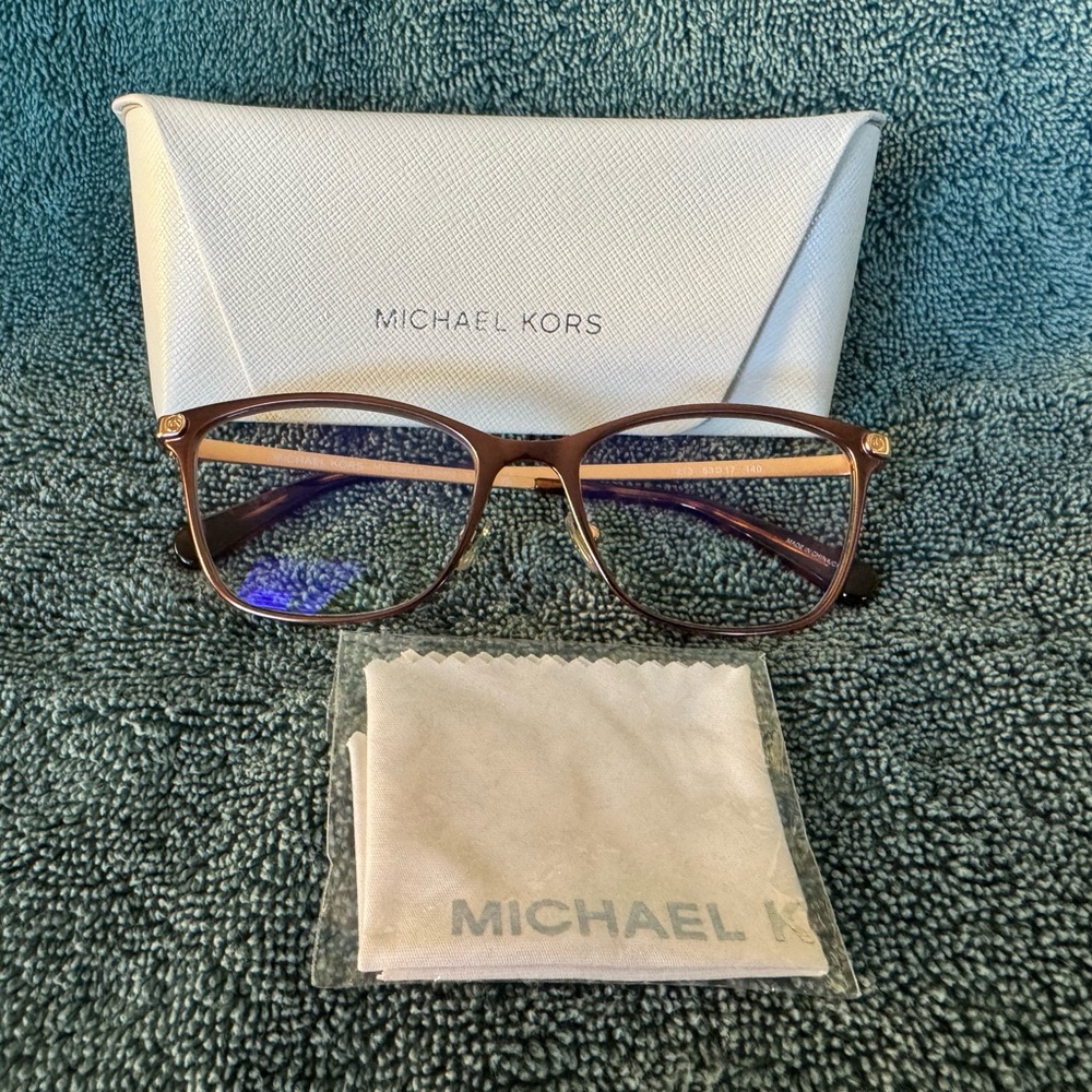 Michael Kors Gold Tone Eyeglasses with White Case and Cleaning Cloth